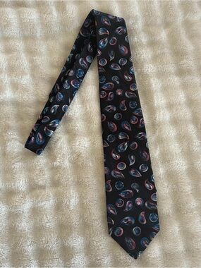 London Fog Black Silk Tie with Blue and Pink Paisley Motif
